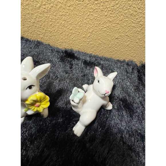 Vintage Ceramic Bunny Figurines With Flowers & Butterfly Spring Decor Set Of 3 - Picture 4 of 8